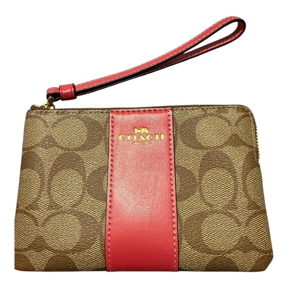 Coach Signature Pink Stripe Corner Zip Wristlet (circa 2016-2020)